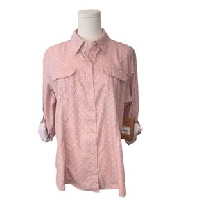 NEW Women's Large Pink Polkadot Fishing Outdoor Sporty Roll Tab Hiking Button-up